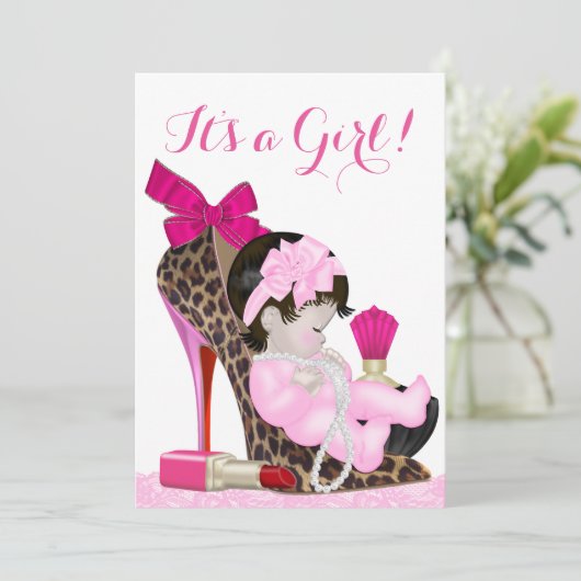 Leopard High Heel Shoe Girly Baby shower Kaart (Staand voorkant)