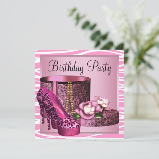 Leopard High Heel Shoes Roze Zebra Verjaardagsfees Kaart (Staand voorkant)