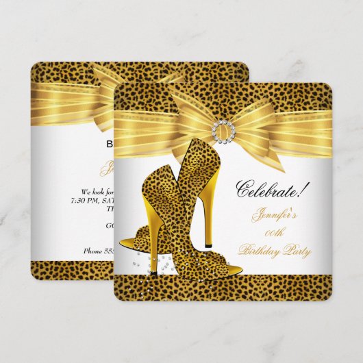 Leopard High Heels Shoes Gold White Birthday Party Kaart (Voorkant / Achterkant)