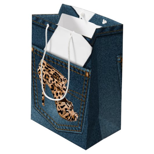 Leopard High Hiel & Blue Jean Pattern Pocket Jean. Medium Cadeauzakje (Achterkant Gekanteld)