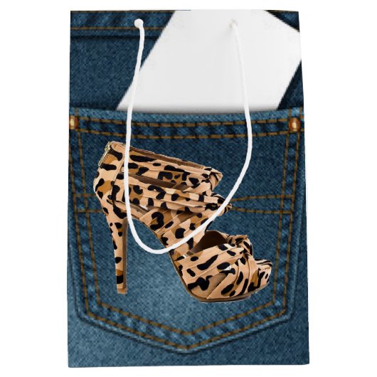 Leopard High Hiel & Blue Jean Pattern Pocket Jean. Medium Cadeauzakje (Voorkant)