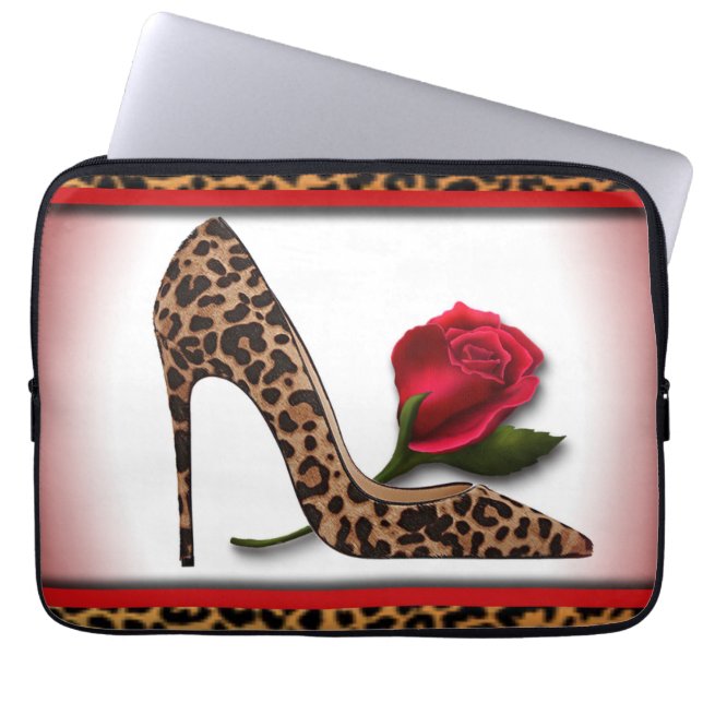 Leopard High Hiel & Red Rose Laptop Sleeve (Voorkant)