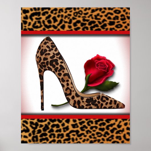 Leopard High Hiel & Red Rose Poster (Voorkant)