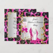 Leopard Hot Pink Black Silver Birthday Party Kaart (Voorkant / Achterkant)