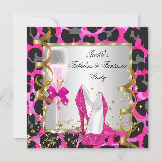 Leopard Hot Pink Black Silver Birthday Party Kaart (Voorkant)