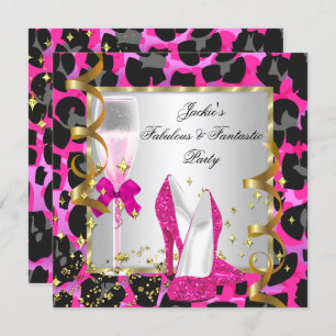 Leopard Hot Pink Black Silver Birthday Party Kaart
