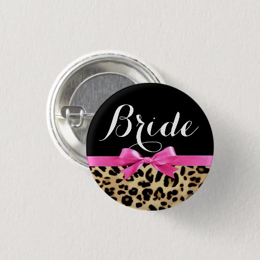 Leopard Hot Pink Bow Bride Wedding Button (Voorkant /achterkant)