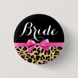 Leopard Hot Pink Bow Bride Wedding Button