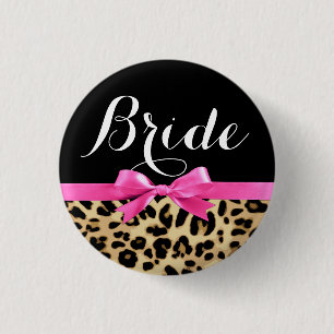 Leopard Hot Pink Bow Bride Wedding Button