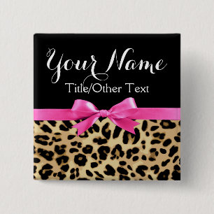 Leopard Hot Pink Bow gepersonaliseerde naam tag Vierkante Button 5,1 Cm