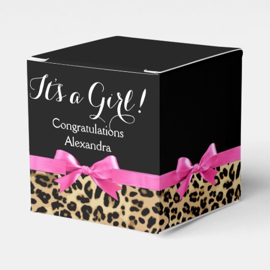 Leopard Hot Pink Bow's a Girl Safari Baby shower Bedankdoosjes (Voorkant Zijde)
