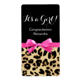 Leopard Hot Pink Bow's a Girl Safari Baby shower Etiket