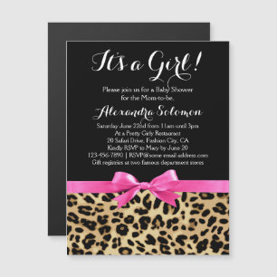 Leopard Hot Pink Bow's a Girl Safari Baby shower Magnetische Uitnodiging