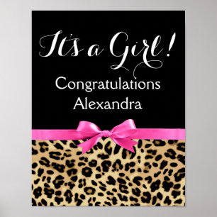 Leopard Hot Pink Bow's a Girl Safari Baby shower Poster