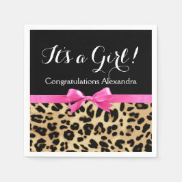 Leopard Hot Pink Bow's a Girl Safari Baby shower Servetten