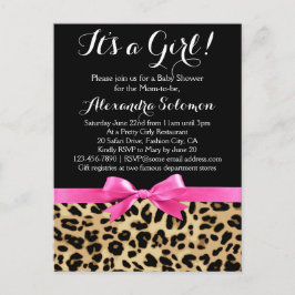 Leopard Hot Pink Bow's a Girl Safari Baby shower Uitnodiging Briefkaart