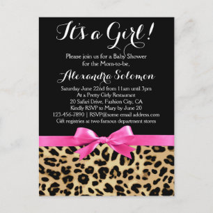 Leopard Hot Pink Bow's a Girl Safari Baby shower Uitnodiging Briefkaart
