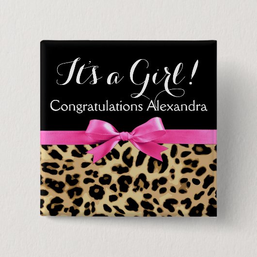 Leopard Hot Pink Bow's a Girl Safari Baby shower Vierkante Button 5,1 Cm (Voorkant)
