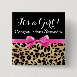 Leopard Hot Pink Bow's a Girl Safari Baby shower Vierkante Button 5,1 Cm