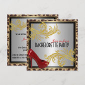 Leopard & Hot Red Heels Bachelorette Party nodigt  Kaart (Voorkant / Achterkant)