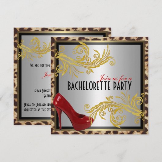 Leopard & Hot Red Heels Bachelorette Party nodigt  Kaart (Voorkant / Achterkant)