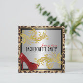 Leopard & Hot Red Heels Bachelorette Party nodigt  Kaart (Staand voorkant)