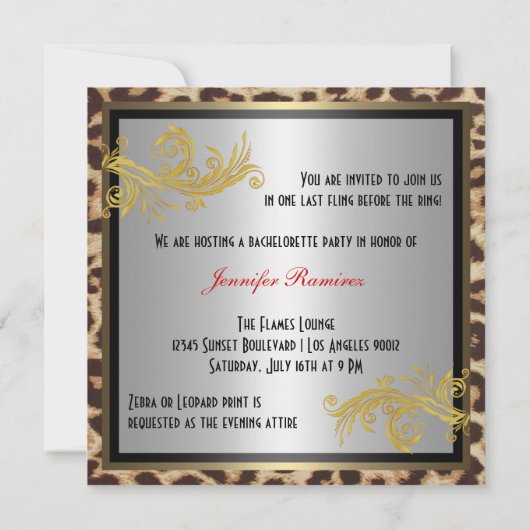 Leopard & Hot Red Heels Bachelorette Party nodigt  Kaart (Achterkant)