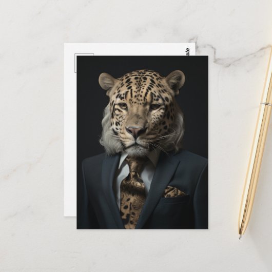 Leopard in a Business Suit fantasy art Briefkaart (Voorkant / Achterkant in situ)
