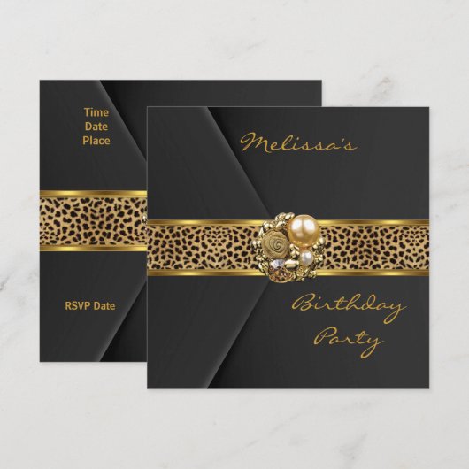 Leopard Invitation Elegant Black Velvet Gold jewel Kaart (Voorkant / Achterkant)