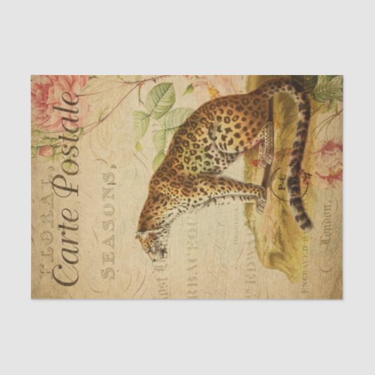  Leopard Jaguar Wild Animal Floral Frans Tissuepapier (Voorkant)