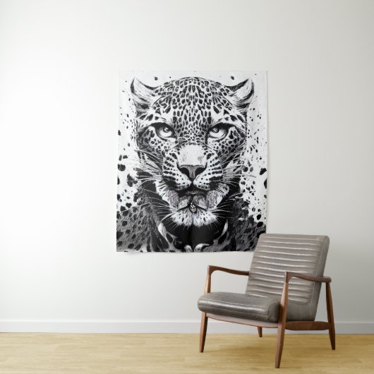 Leopard Jaguar Wild Natuur Illustratie Lijn Epic Wandkleed (In situ)