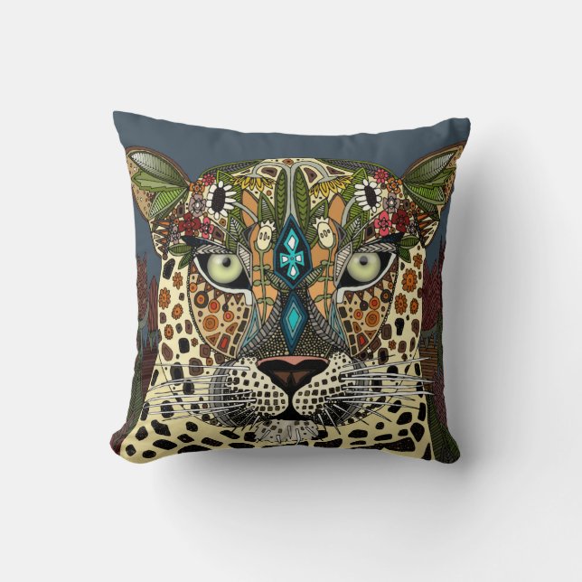 leopard koningin blauw kussen (Voorkant)