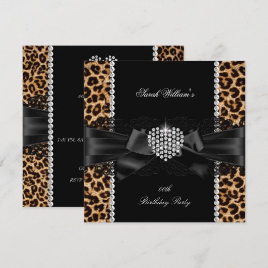 Leopard Lace Diamond Heart Birthday Party Kaart (Voorkant / Achterkant)