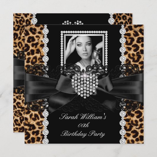 Leopard Lace Diamond Heart Foto Birthday Party 2 Kaart (Voorkant / Achterkant)