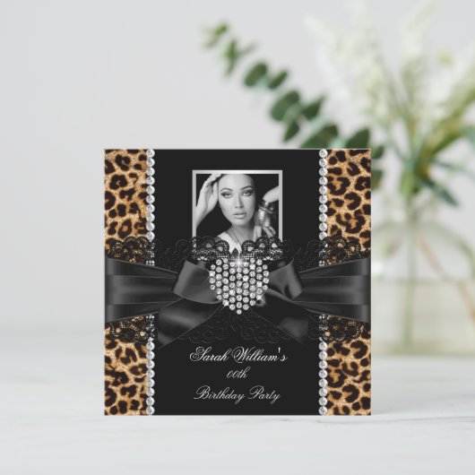 Leopard Lace Diamond Heart Foto Birthday Party Kaart (Staand voorkant)