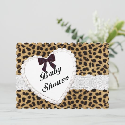 Leopard Lace Heart Baby shower Invitation Kaart (Staand voorkant)