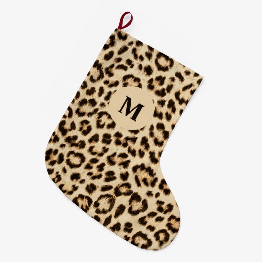 Leopard Lederen Print Patroon Monogram Grote Kerstsok (Voorkant (Hangend))
