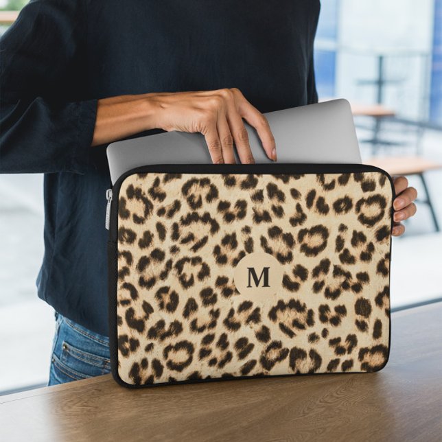 Leopard Lederen Print Patroon Monogram Laptop Sleeve (Creator heeft geüpload)