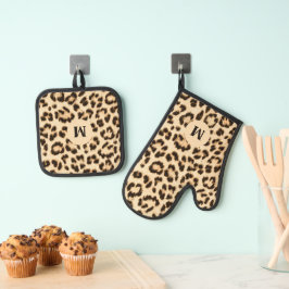 Leopard Lederen Print Patroon Monogram Ovenwant & Pannenlap Set