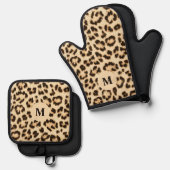Leopard Lederen Print Patroon Monogram Ovenwant & Pannenlap Set (Voorkant / Achterkant)