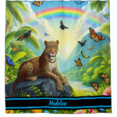 Leopard Majesty: Kleurrijk Oerwouden gebladerte Douchegordijn (Voorkant)