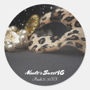 Leopard Masquerade Masker & Parels Feestgunst Ronde Sticker