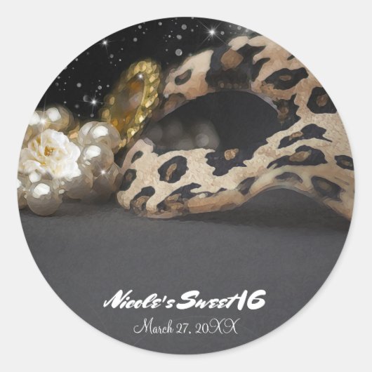 Leopard Masquerade Masker & Parels Feestgunst Ronde Sticker (Voorkant)