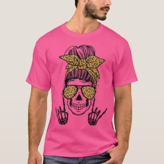 Leopard Messy Bun Hair Skeleton Haloween Rock N Ro T-shirt