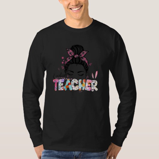 Leopard Messy Bun One Hoppy Sped Teacher Bunny Eas T-shirt (Voorkant)