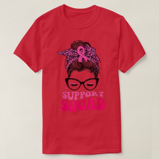 Leopard Messy Bun Pink Ribbon Support Squad Breast T-shirt (Design voorkant)