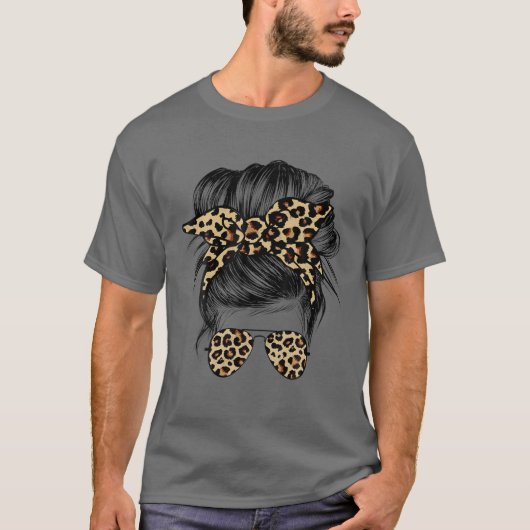 Leopard Mom Messy Bun Hair Sunglasses Headband Wom T-shirt (Voorkant)