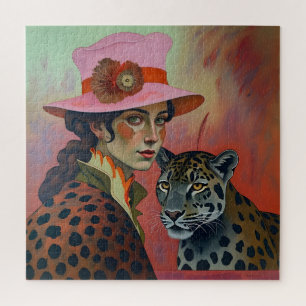 Leopard Muse: Dame in roze kunstpuzzel Legpuzzel