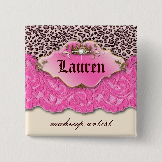 Leopard 'n Lace Make-up Artiest Pink Crown Vierkante Button 5,1 Cm (Voorkant)
