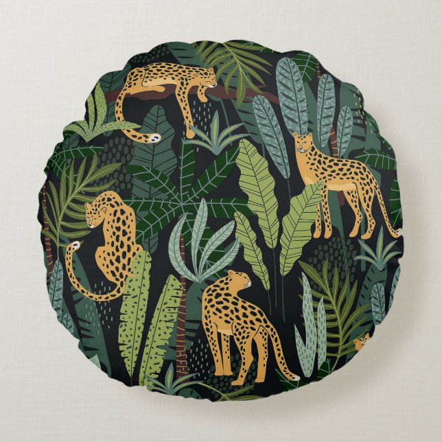 Leopard Oerwoud Forest Illustration Art Naadloos Rond Kussen (Voorkant)